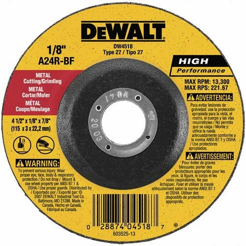DeWalt 4 1/2" x 1/8" x 5/8" 11 Metal Wheel DW4522 - Replacement Parts & Accessories 1 DeWalt 4 1/2" x 1/8" x 5/8" 11 Metal Wheel DW4522 - Replacement Parts & Accessories