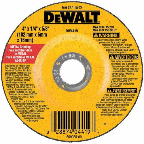 DeWalt 4" x 1/4" x 5/8" High Performance Metal Grinding Wheel DW4419 - Replacement Parts & Accessories 2 DeWalt 4" x 1/4" x 5/8" High Performance Metal Grinding Wheel DW4419 - Replacement Parts & Accessories - Image 2